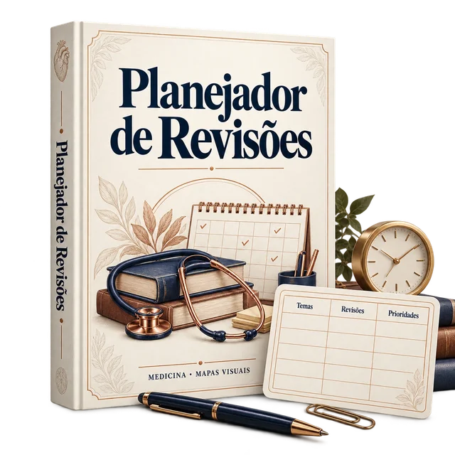 Mockup digital de Planejador de Revisões, com cartão de demonstração de uso.