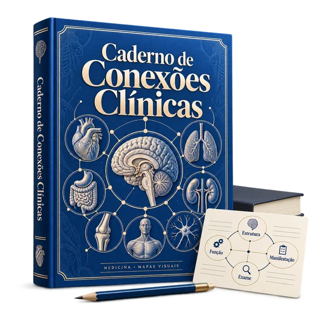 Mockup digital de Caderno de Conexões Clínicas, com cartão de demonstração de uso.