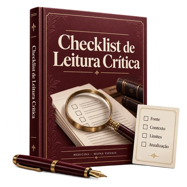 Mockup digital de Checklist de Leitura Crítica, com cartão de demonstração de uso.