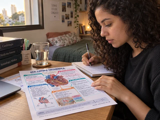 Estudante revisando a página de ECG em seu quarto.
