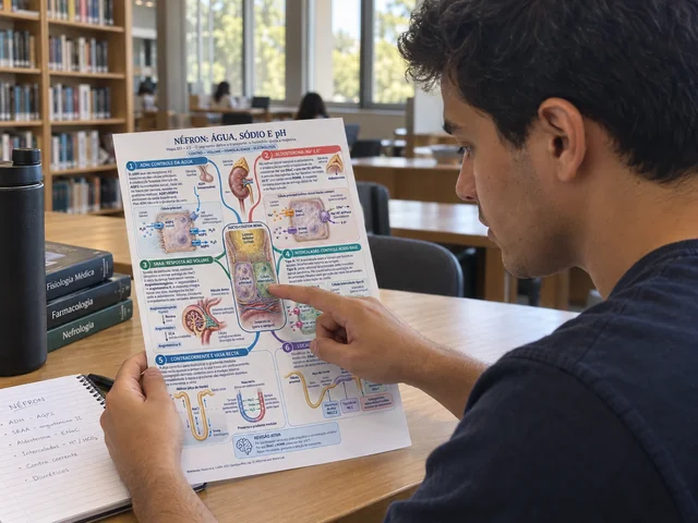Estudante consultando a página de néfron na biblioteca.