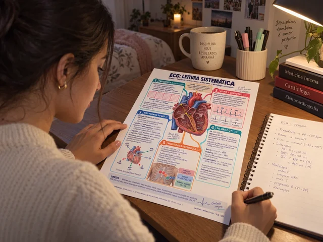 Estudante consultando a página de ECG em uma sessão de estudo à noite.